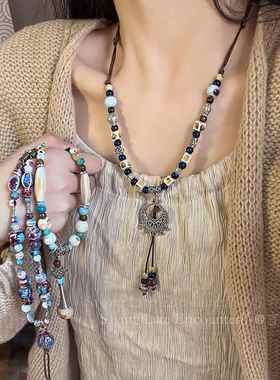 新中式陶瓷串珠吊坠项链女复古异域民族风波西米亚风毛衣链配饰品