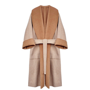 TINNTINN王牌口碑全羊毛双面撞色斜纹人字呢大褶量浴袍风系带大衣