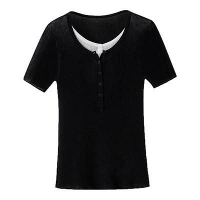 现货【自留推荐】假两件设计 法式深V领短袖坑条修身显瘦针织衫女