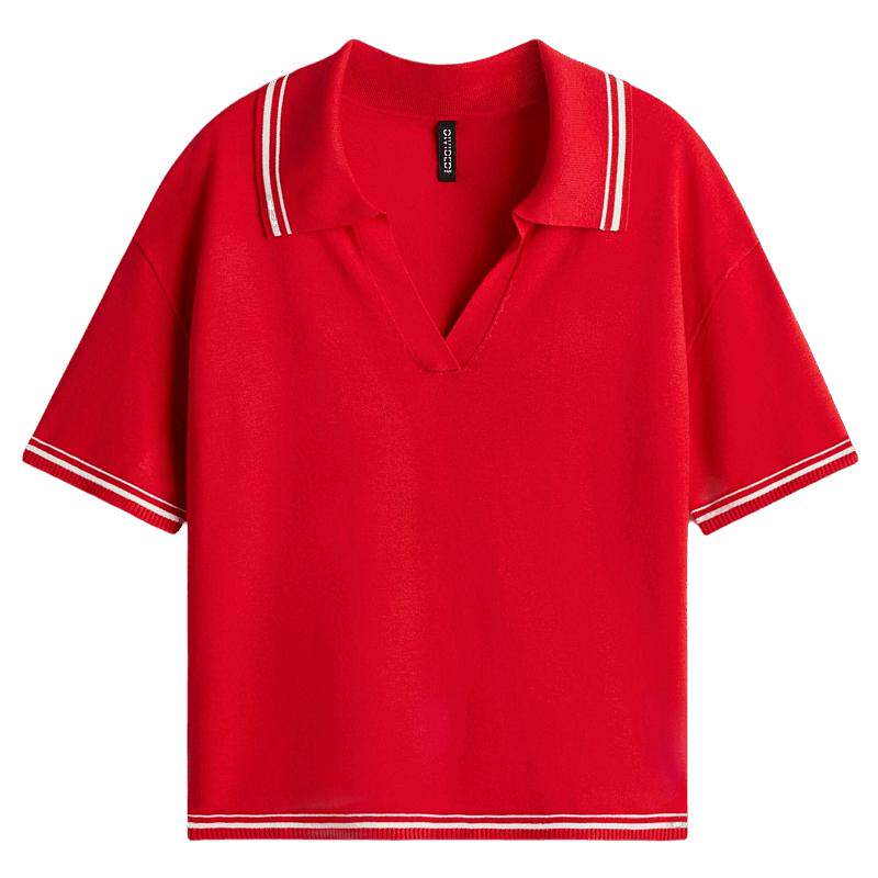 HM女装毛针织衫夏季红色毛衣细密针织Polo衫1269529