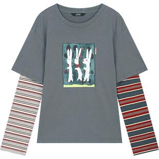 妖精的口袋假两件条纹拼接印花长袖t恤女2026早春新款设计感上衣