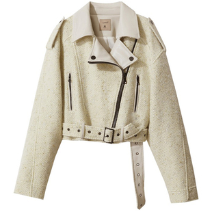 Amii机车风斜门襟羊毛呢外套女2024冬新款配腰带短款撞料拼接大衣