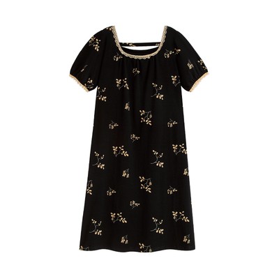 睡裙女夏季短袖甜美花卉方领法式