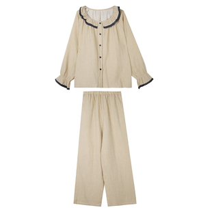 馨帮帮Homedress 花边圆领格子睡衣女秋季长袖宽松复古家居服套装