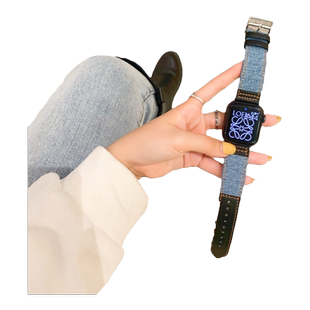 适用iwatch7表带苹果手表表带applewatch6表带5/4/3/2/1se新款潮牌个性牛仔帆布表带男女款情侣40/44/41/45mm
