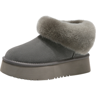 灰色一脚蹬加绒毛毛棉鞋女2025年冬季新款防水东北防滑时尚雪地靴