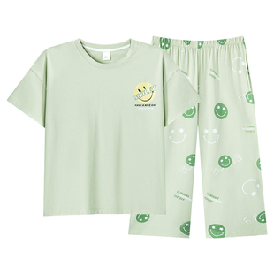 睡衣女夏季纯棉短袖五分裤薄款可出门韩版休闲宽松中裤家居服套装