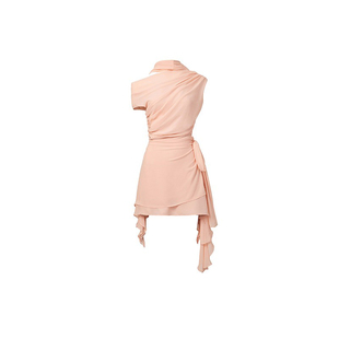 AZZHEN【长岛晚风】 粉色气质不规则单肩雪纺飘带气质连衣裙女