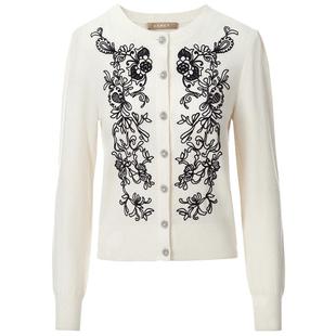 LANCY/朗姿2024秋季新款时尚羊绒刺绣针织开衫圆领百搭优雅外套女