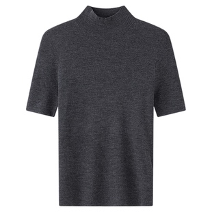 JCLP金纯良品 美丽诺羊毛细坑条半高领修身短袖T恤针织衫羊毛衫女