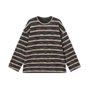 吴童童复古条纹圆领长袖内搭针织衫女秋冬韩系休闲宽松打底衫上衣