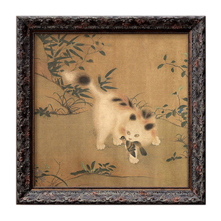 嬉春图法式中国风复古新中式猫咪进口实木框装饰画卧室壁画挂画