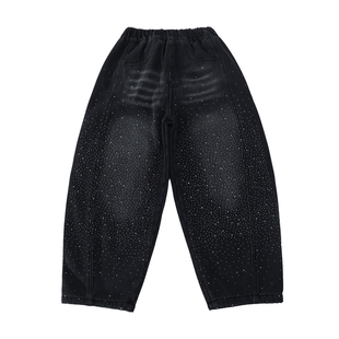 男童加绒裤子2026新款中大男孩春秋牛仔裤冬装儿童烫钻网红弯刀裤