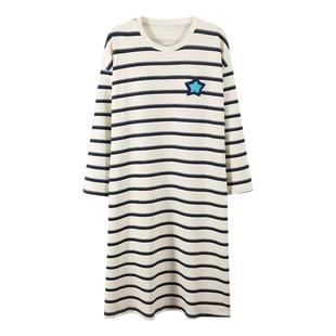 卡之恋睡裙女款长袖带胸垫春秋季纯棉薄款睡衣条纹连衣裙家居服夏