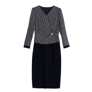 今年春秋长袖拼色V领中长假两件遮肉连衣裙女时尚大码通勤职业装