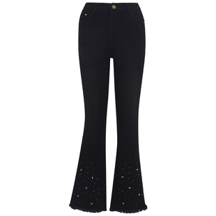 FEXATA斐格思2026春季新款黑色长裤高腰显瘦高街微喇水钻牛仔裤女