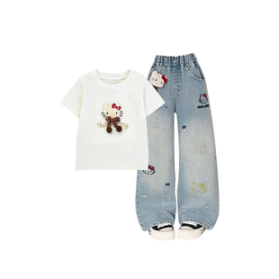 女童夏装卡通Hello Kitty短袖T恤牛仔裤两件套休闲中大童学生套装