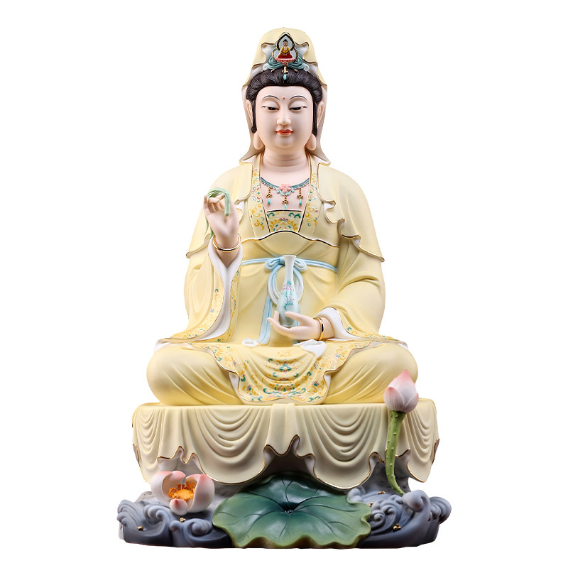 戴玉堂陶瓷摆件《慧莲观音黄》观世音菩萨坐像佛像客厅家用供奉