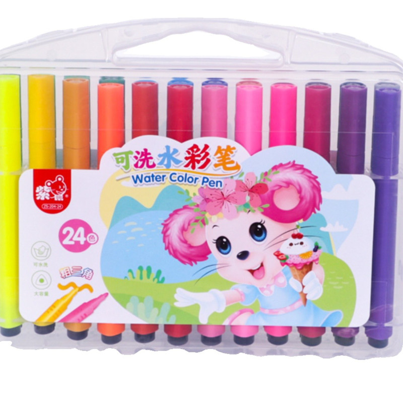 紫鼠三角水彩笔可水洗12色24色绘画填色彩笔手提盒装画笔套装礼品