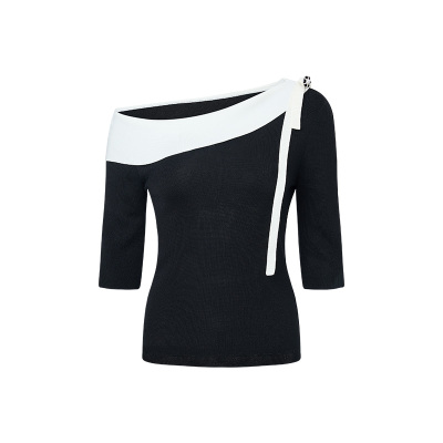 斜肩蝴蝶结撞色针织衫
