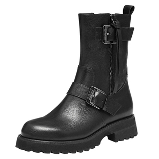 真美诗黑森林冬新款牛皮金属扣粗跟骑士短靴机车靴女YZR02DZ4