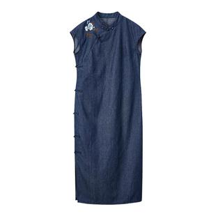 布小匠原创设计新中式复古牛仔手绣改良旗袍年轻款高级感连衣裙女