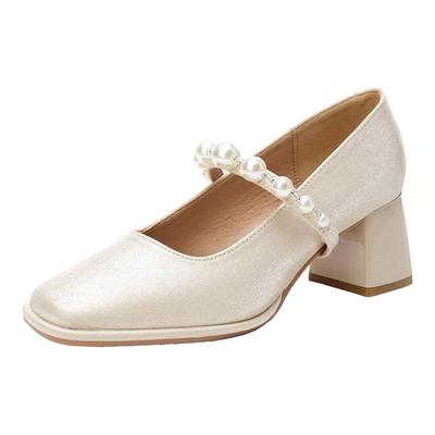 法式珍珠一字带粗跟单鞋大码婚鞋