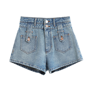 NancyCavally凹造型神裤 复古扣畔双腰头翘臀显腿长微a牛仔短裤