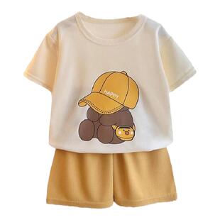 儿童薄款短袖套装夏季男孩女童华夫格韩版休闲装透气童裤两件套潮