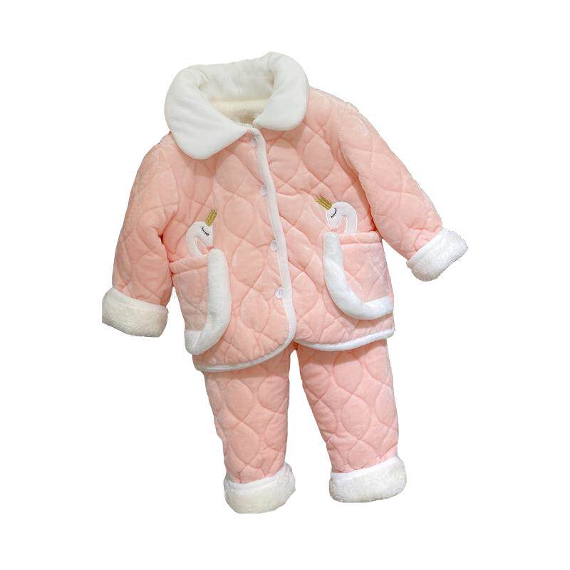 女童睡衣冬季加厚儿童卡通家居服套装女宝宝三层夹棉加绒保暖棉服