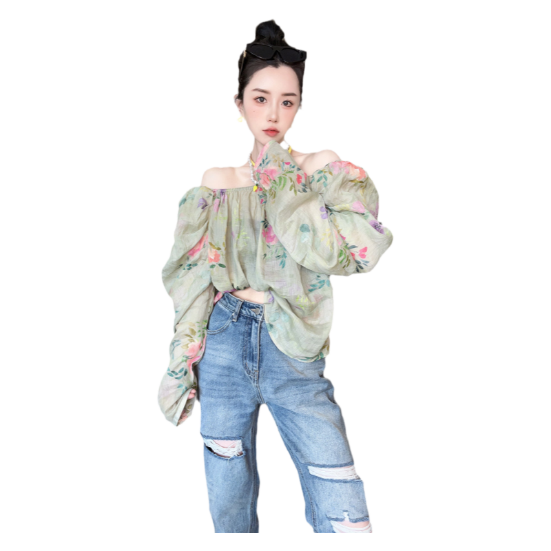 RR fashion 碎花衫女2025夏季新款法式一字肩小衫长袖气质上衣