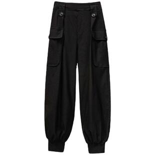 特大码松紧腰毛呢束脚工装裤女秋冬季高腰休闲哈伦裤子配马丁靴裤