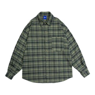 春秋日系复古纯棉长袖格子衬衫男少年感青春潮流宽松休闲衬衣外套