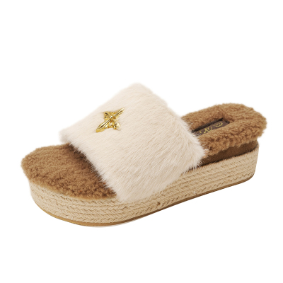 厚底毛毛拖鞋女外穿2025秋冬新款韩版松糕居家增高坡跟毛绒一字拖