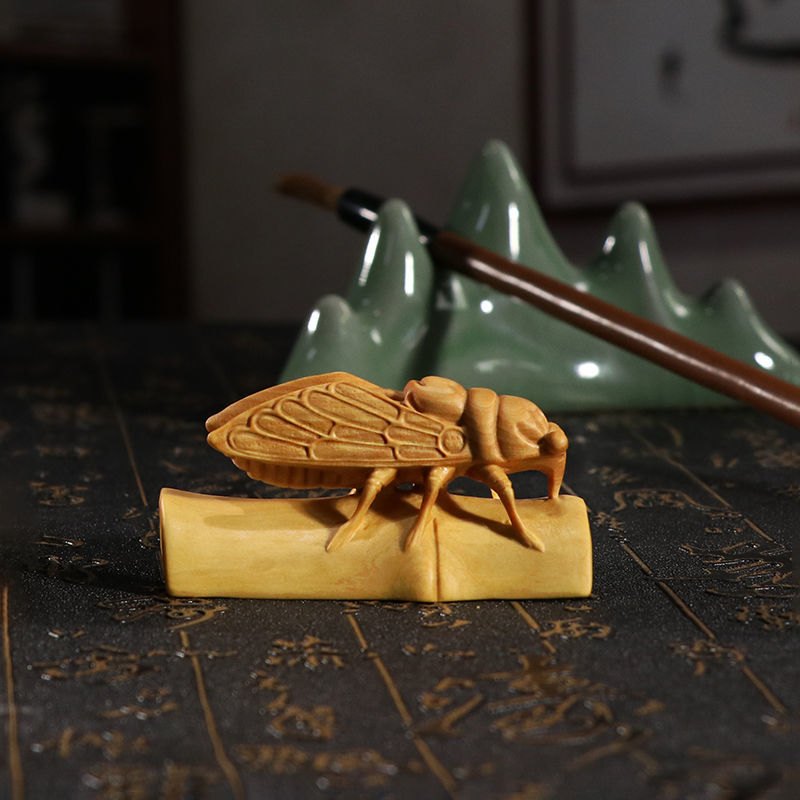 黄杨木雕手把件一鸣惊人金蝉知了镇尺竹节艺术木质家居装饰摆件