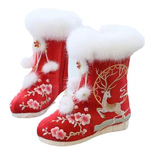 女童汉服儿童绣花鞋子冬中国民族风古装加厚加绒保暖靴拜年雪地靴