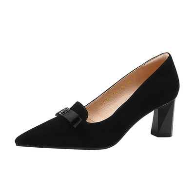 哈森优雅蝴蝶结高跟鞋女春季新款黑色羊反绒粗跟单鞋HS257139