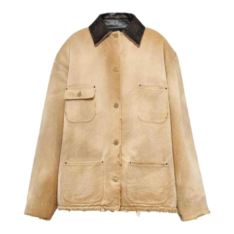 早秋新款工装派克服时尚复古洗水牛仔拼真皮做旧男女同款夹克