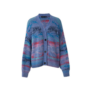 【会员价1220元】AUM噢姆春季宽松V领开衫提花灯笼袖针织衫上衣