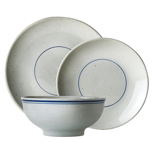 日式手工粗陶餐具套装复古青花碗盘子家用饭碗盘大碗二人食组