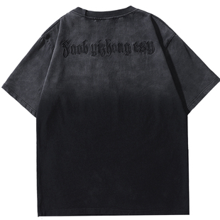 270g重磅纯棉潮牌美式复古高街水洗做旧渐变刺绣印花短袖T恤男款