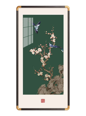 喜上枝头玄关装饰画新中式花鸟喜鹊挂画走廊过道书房茶室国风壁画