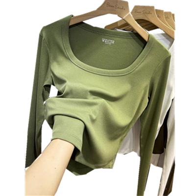 2025秋季新款时尚螺纹U领漏锁骨长袖T恤女外穿百搭洋气显瘦打底衫