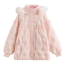 森女部落甜美假两件90%绒子粉色羽绒服女冬新款宽松保暖连帽外套