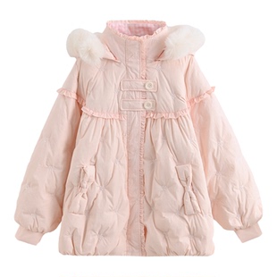 森女部落甜美假两件90%绒子粉色羽绒服女冬新款宽松保暖连帽外套