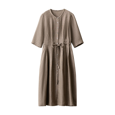 棕灰色汉麻抽绳收腰衬衫连衣裙