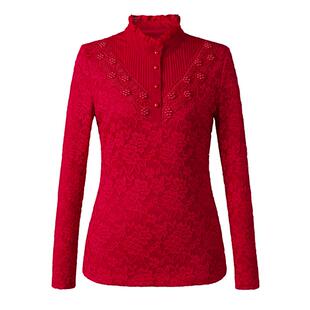 加绒加厚秋冬季蕾丝打底衫女士长袖修身半高领可外穿妈妈保暖上衣