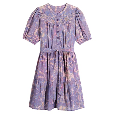 bash春季法式法式度假风紫调渐变印花短裙V领泡泡袖连衣裙1E24PIA