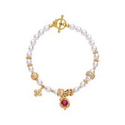 《时来运转》新年复古设计感天然珍珠红刚玉色纯银手链女蛇年