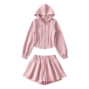 YoungGirlDay纯欲风收腰镂空连帽拉链开衫外套高腰防走光短裙套装